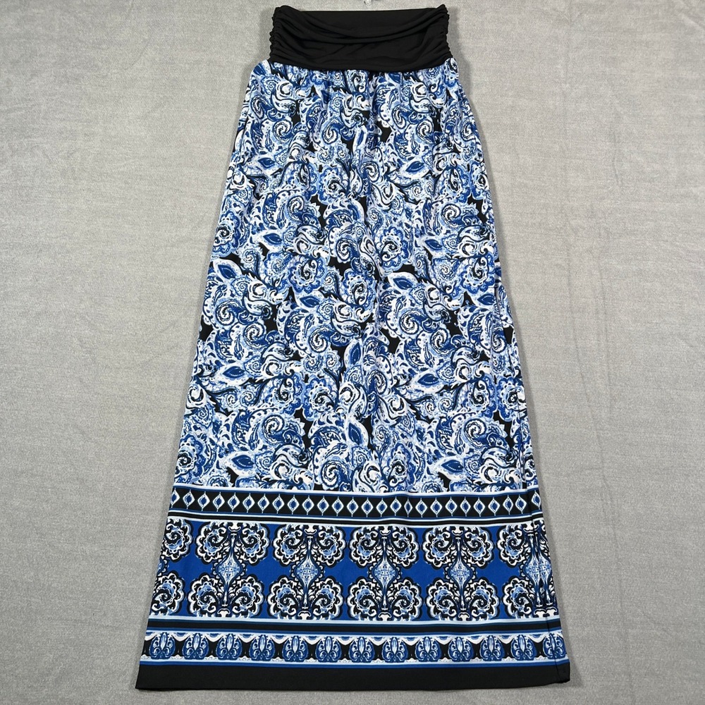 Apt. 9 Paisley Print Ruched Waist Maxi Skirt Women Small Blue Polyester Blend